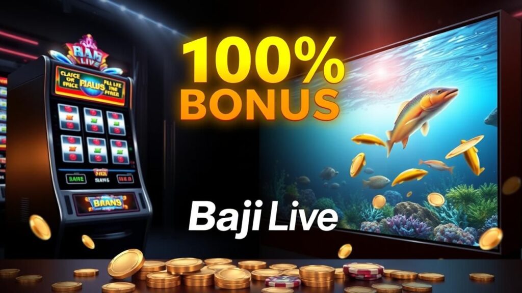 Baji Live's 100% first deposit bonus with slot and fishing game themed elements.